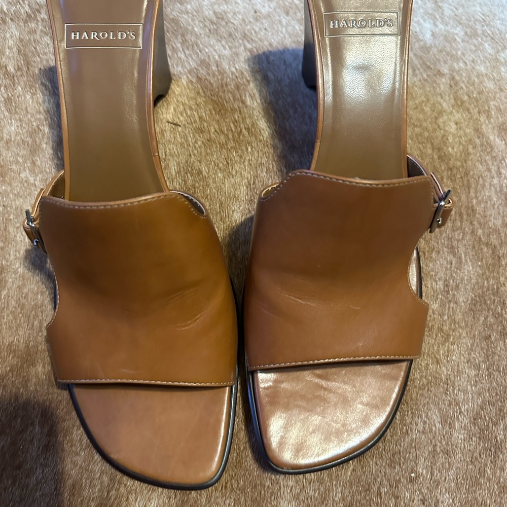 Harold’s Cognac Fine Leather Mid Heel Slide Sandals - Picture 3 of 6